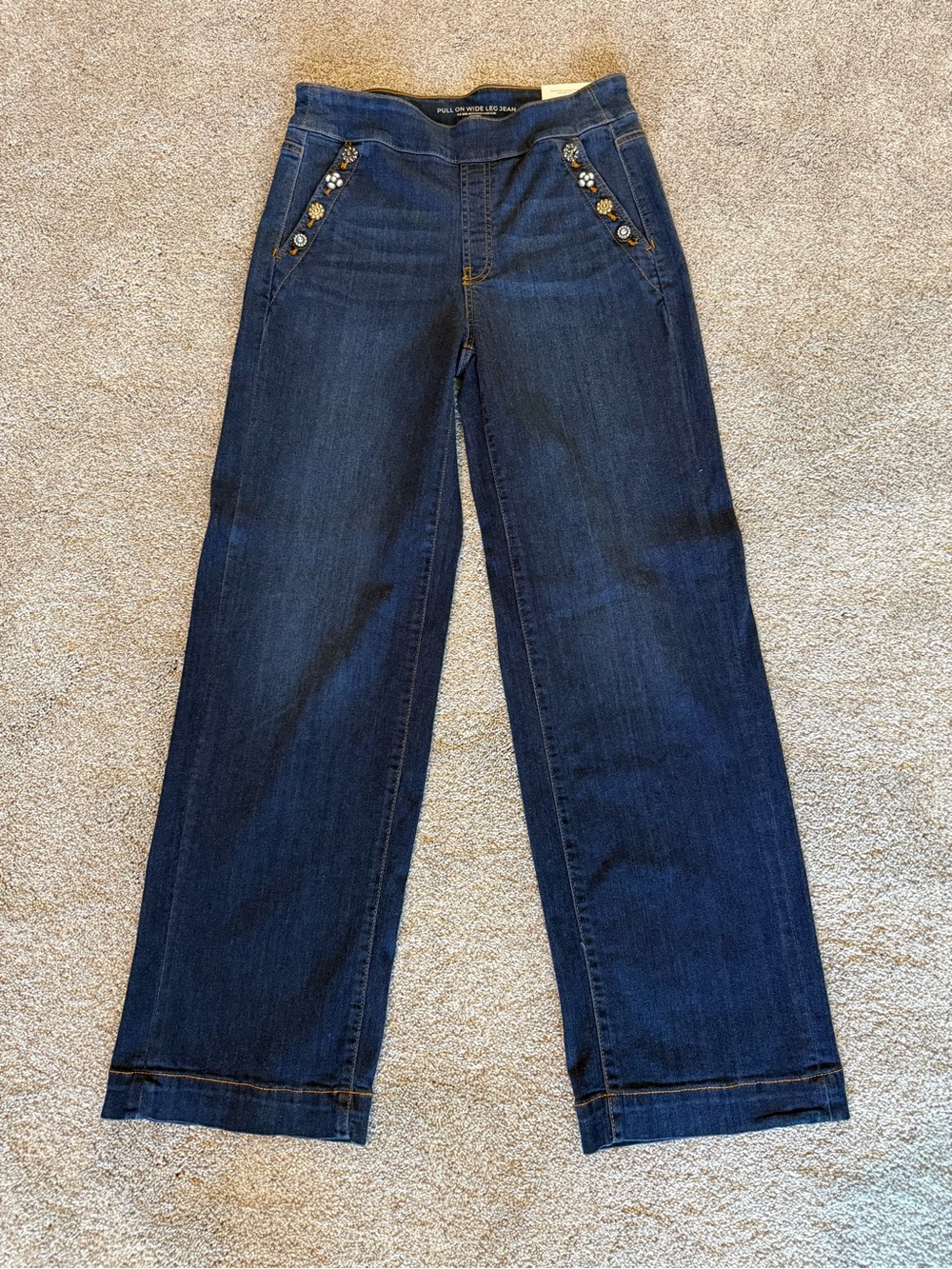 Chico's Dark Blue Wide-Leg Jeans with Embellished Pockets
